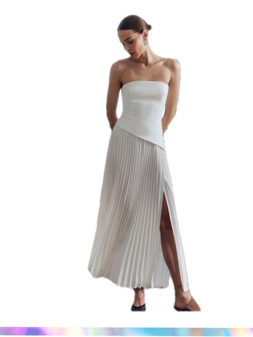 Commense Solid Pleated Strapless Split Maxi Dress | White | Size M